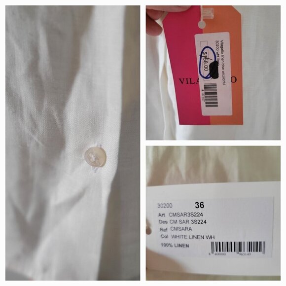 Vilagallo White Sara Linen 3/4 Sleeve Shirt W Multicolor Embroidered Sleeves S - Picture 6 of 7